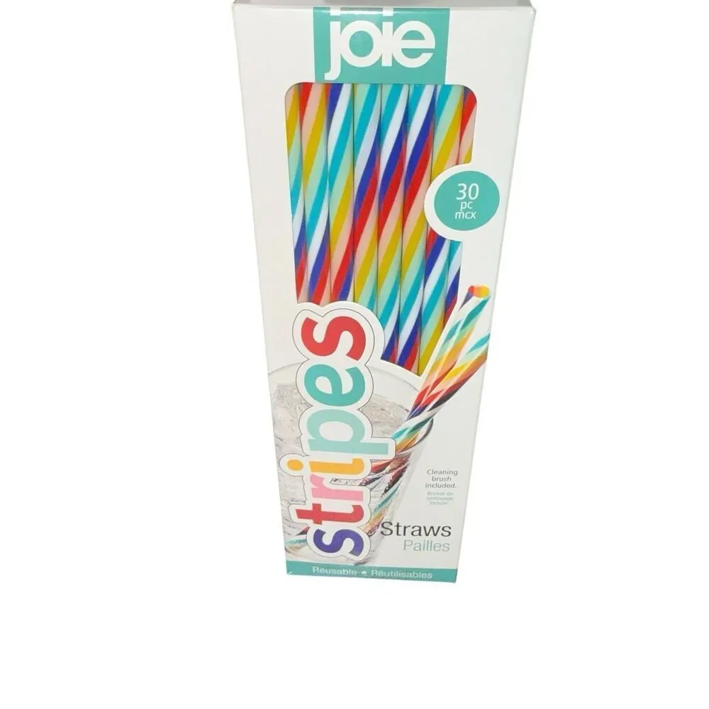 Joie Stripes Straws, 30 Pc Rainbow, Reusable & Eco-Friendly With Cleaning Brush